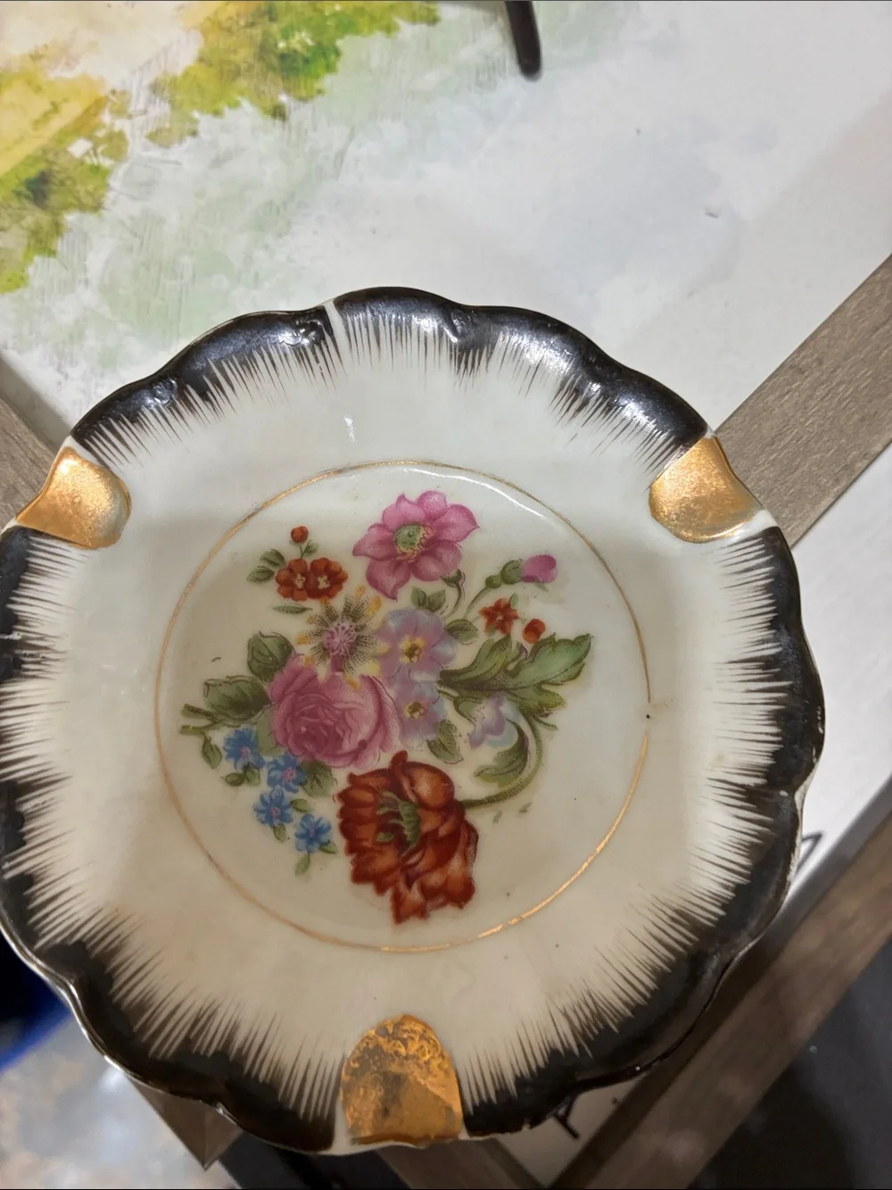 Porcelain Floral Ashtray in Black, White and Gold
